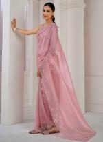 Soft Organza Peach Party Wear Hand Work Saree